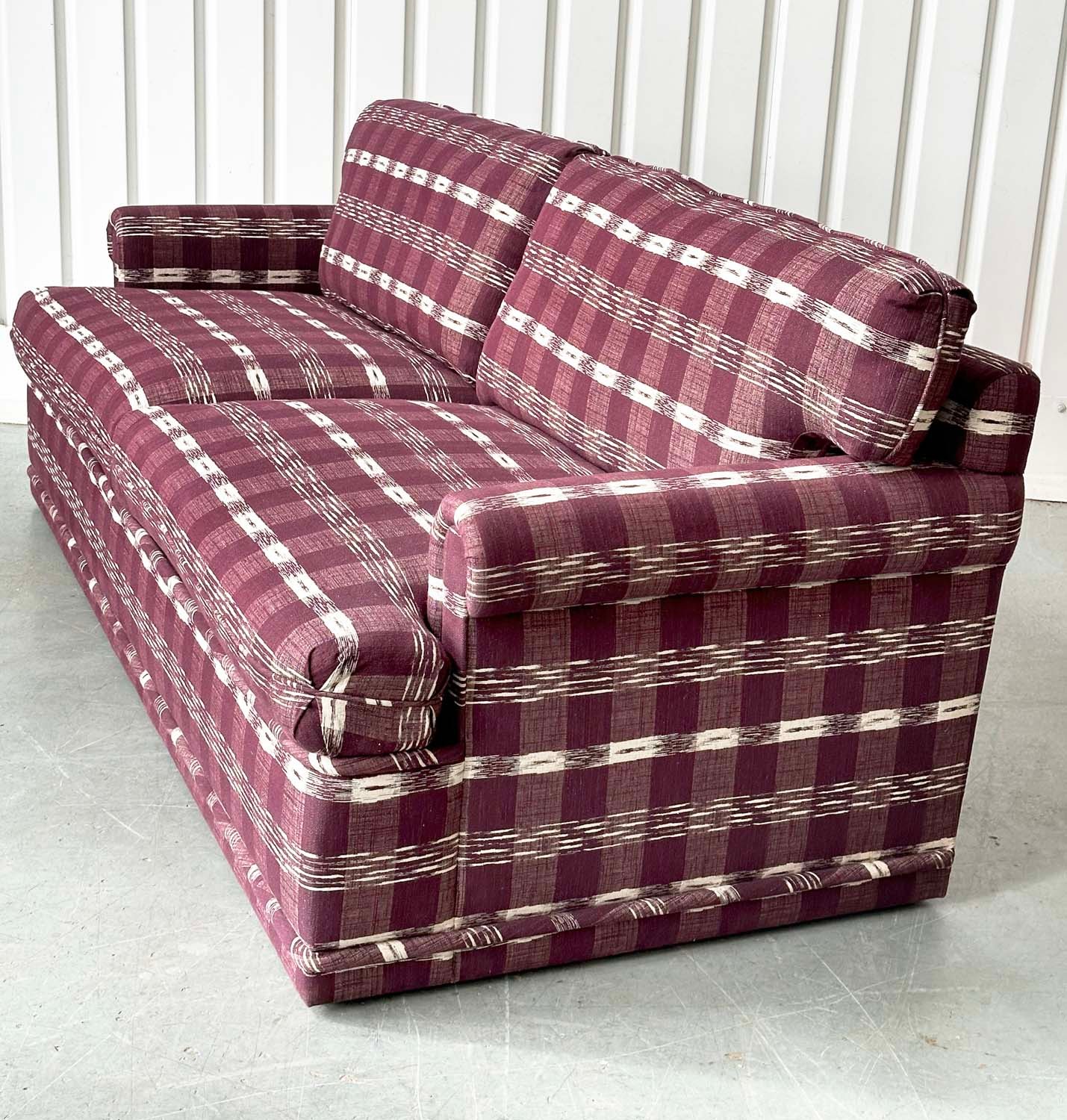 SOFA, Swedish check purple/white upholstery with scroll arms, 203cm W. - Image 8 of 9