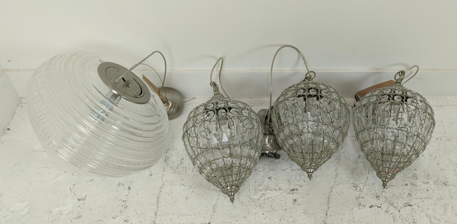 GLASS PENDANT LIGHTS, a set of three, 35cm H, and another larger ribbed glass pendant light, 35cm - Image 6 of 6