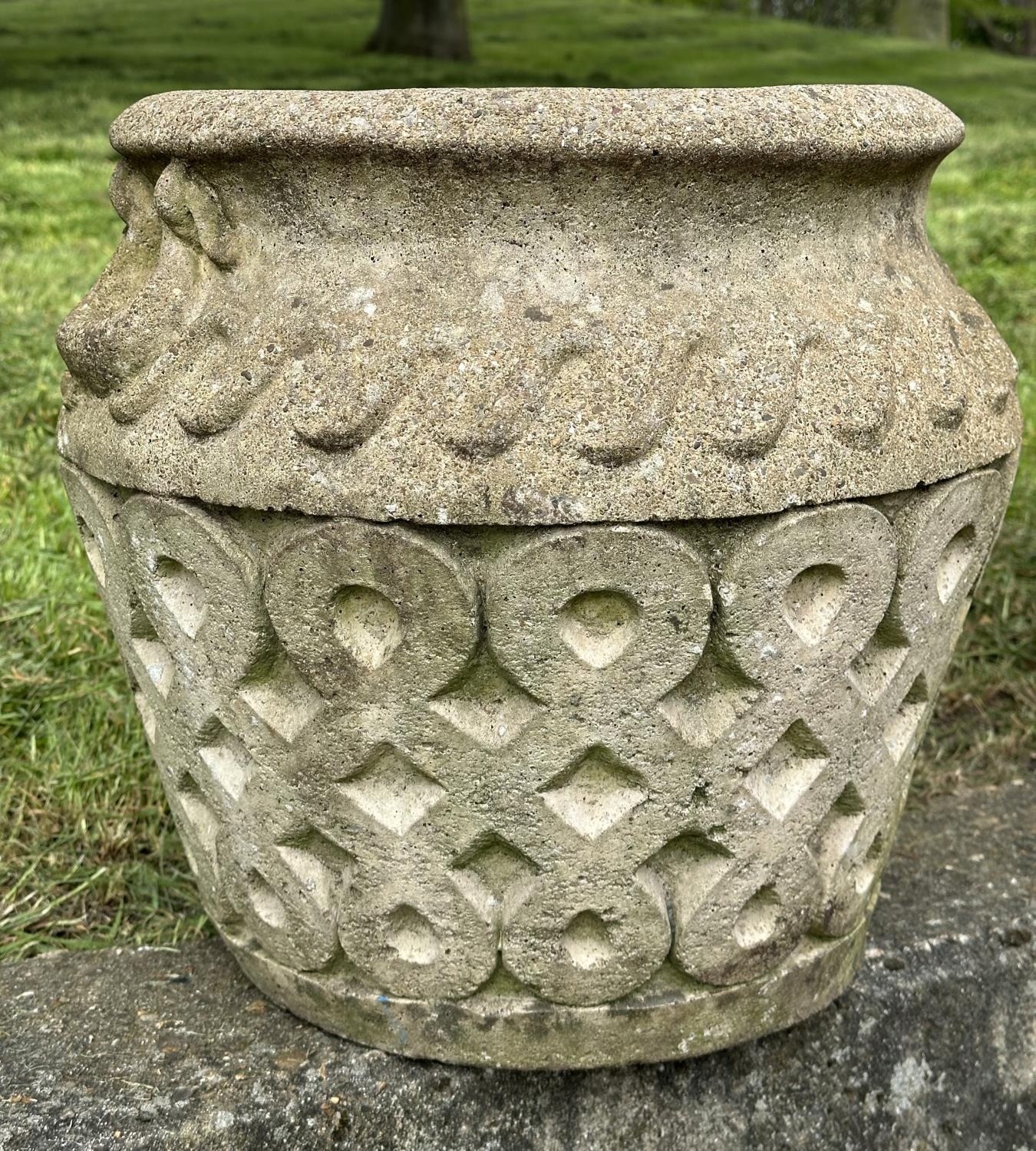 GARDEN PLANTERS, a pair, well weathered reconstituted stone studio pots of urn form, 39cm H x 42cm - Image 7 of 8