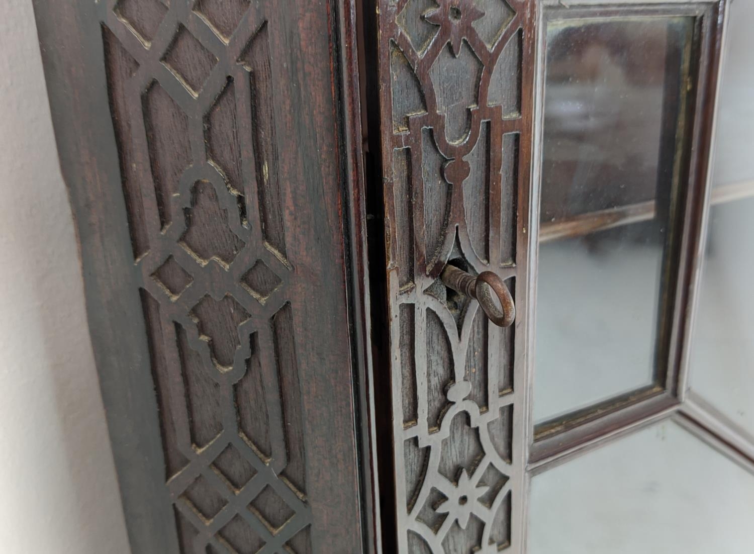 GLAZED CORNER CABINET ON STAND, Edwardian mahogany in Chippendale style with door and carved - Image 6 of 9