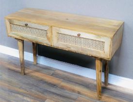 SIDEBOARD, 1960s Danish style with two rattan fronted drawers on tapered supports, 74cm H x 124cm