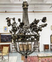 CHANDELIER, three branch centrally and nine externally, gilt metal with floral and foliate design,