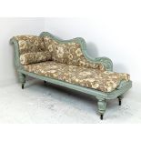 CHAISE LONGUE, Victorian and later grey painted with floral upholstery and ceramic castors, 89cm H x