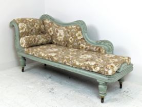 CHAISE LONGUE, Victorian and later grey painted with floral upholstery and ceramic castors, 89cm H x