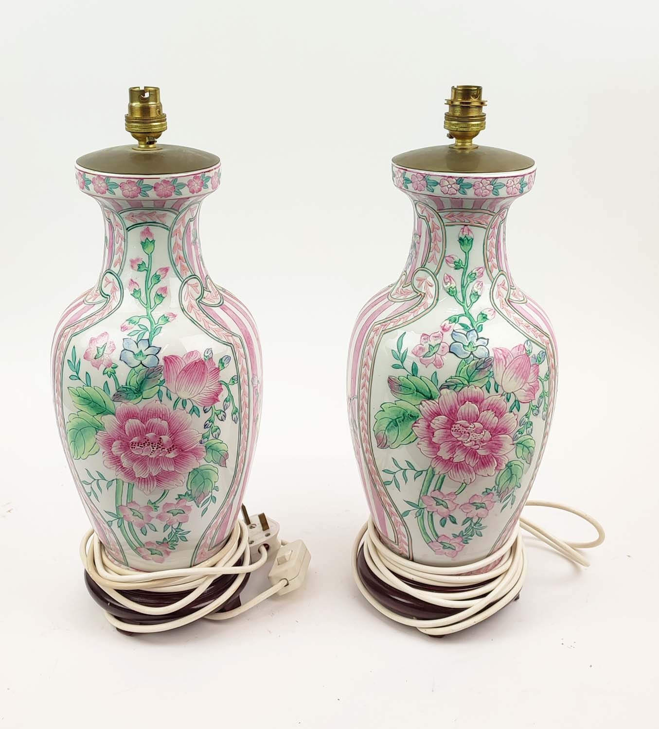 TABLE LAMPS, two pairs, Chinese ceramic with carved hardwood bases, largest 46cm H. (4) - Image 5 of 7