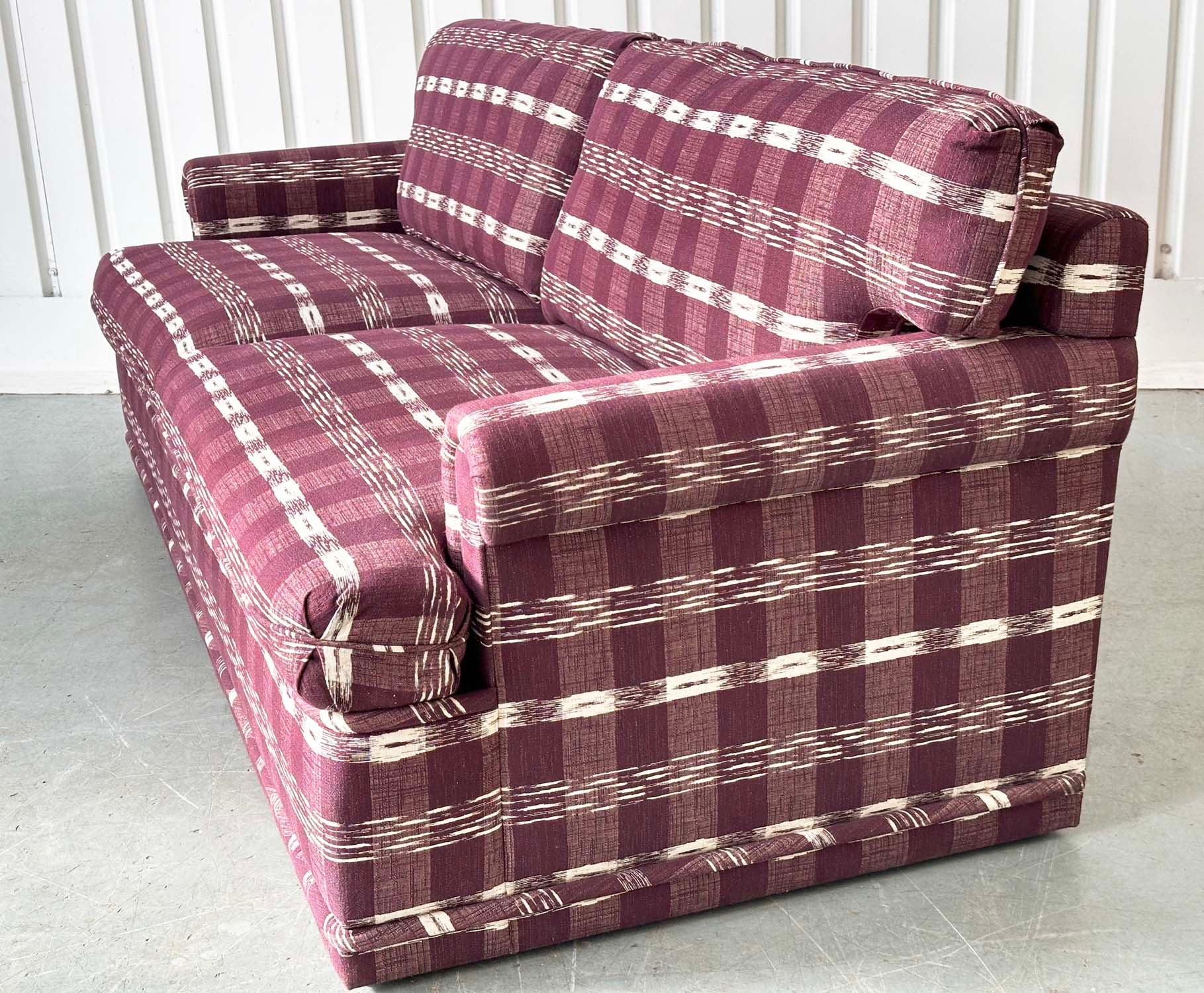 SOFA, Swedish check purple/white upholstery with scroll arms, 203cm W. - Image 7 of 9