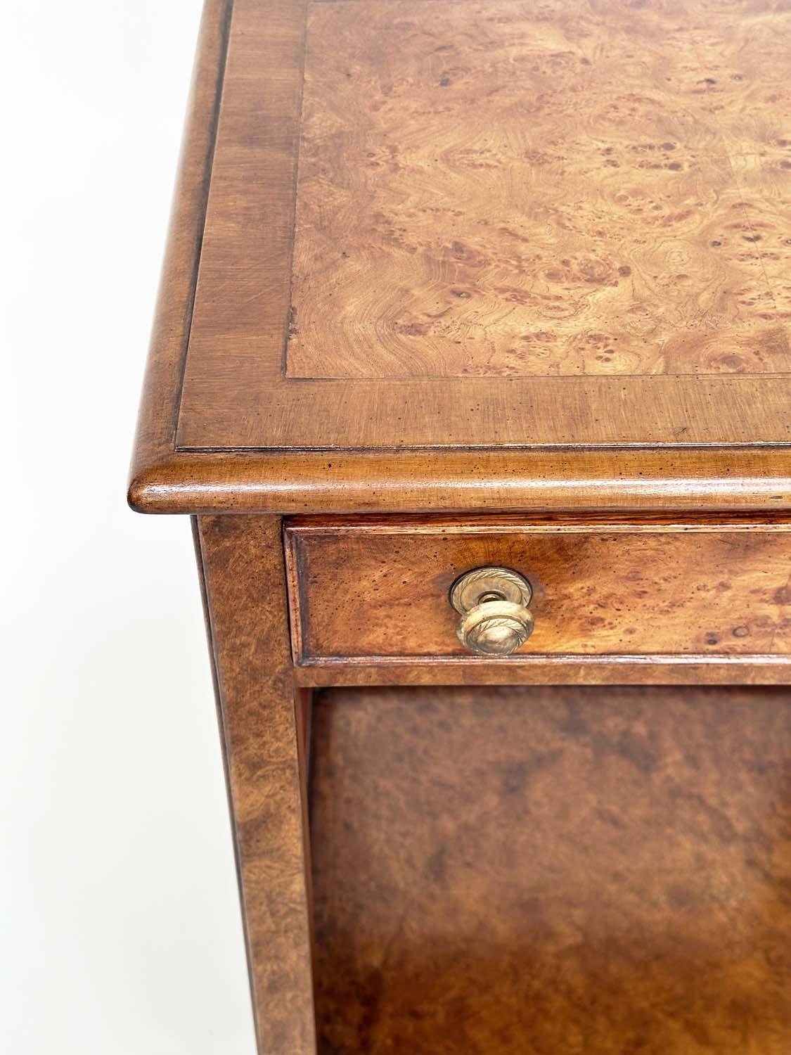 LAMP TABLES, a pair, George III design burr walnut and crossbanded each with drawer and undertier, - Image 8 of 9