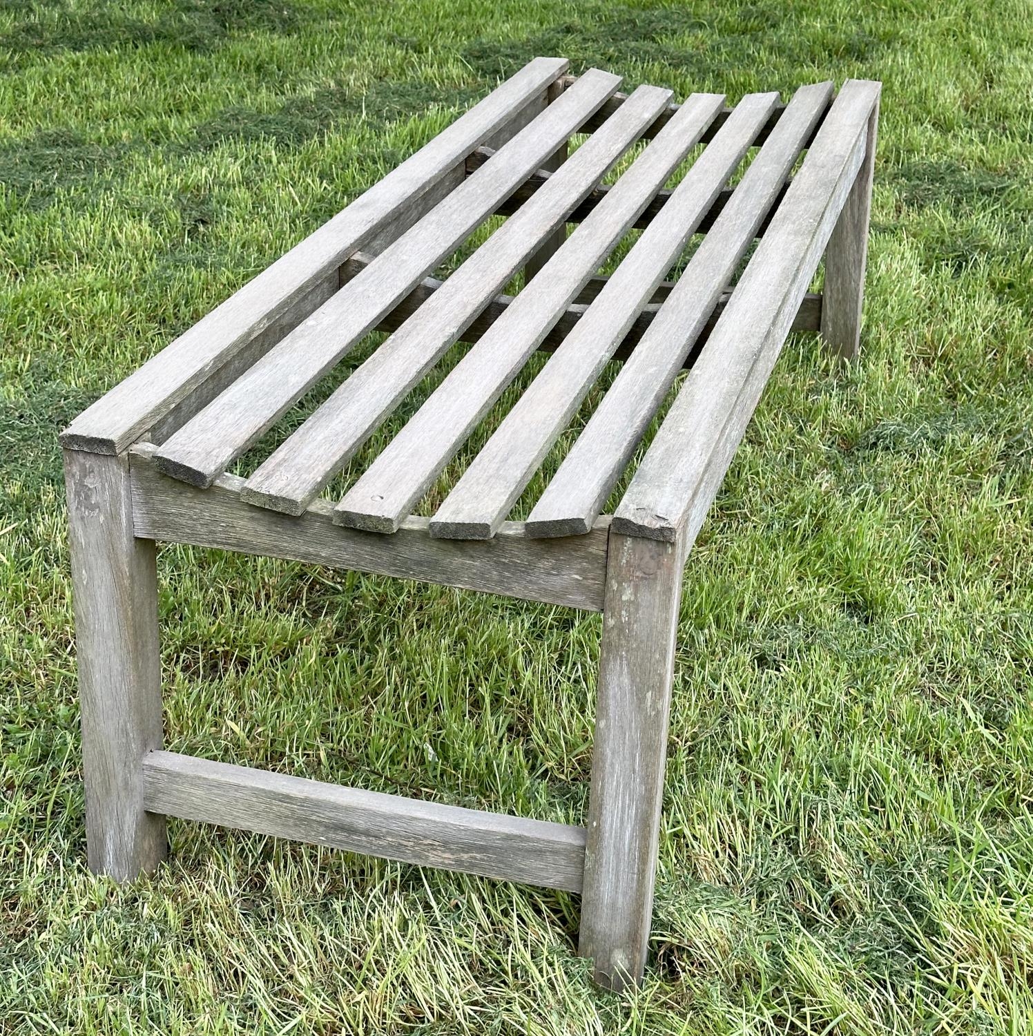 GARDEN BENCHES, a pair, well weathered teak and slatted, 140cm W x 50cm D x 44cm H. (2) - Image 3 of 6