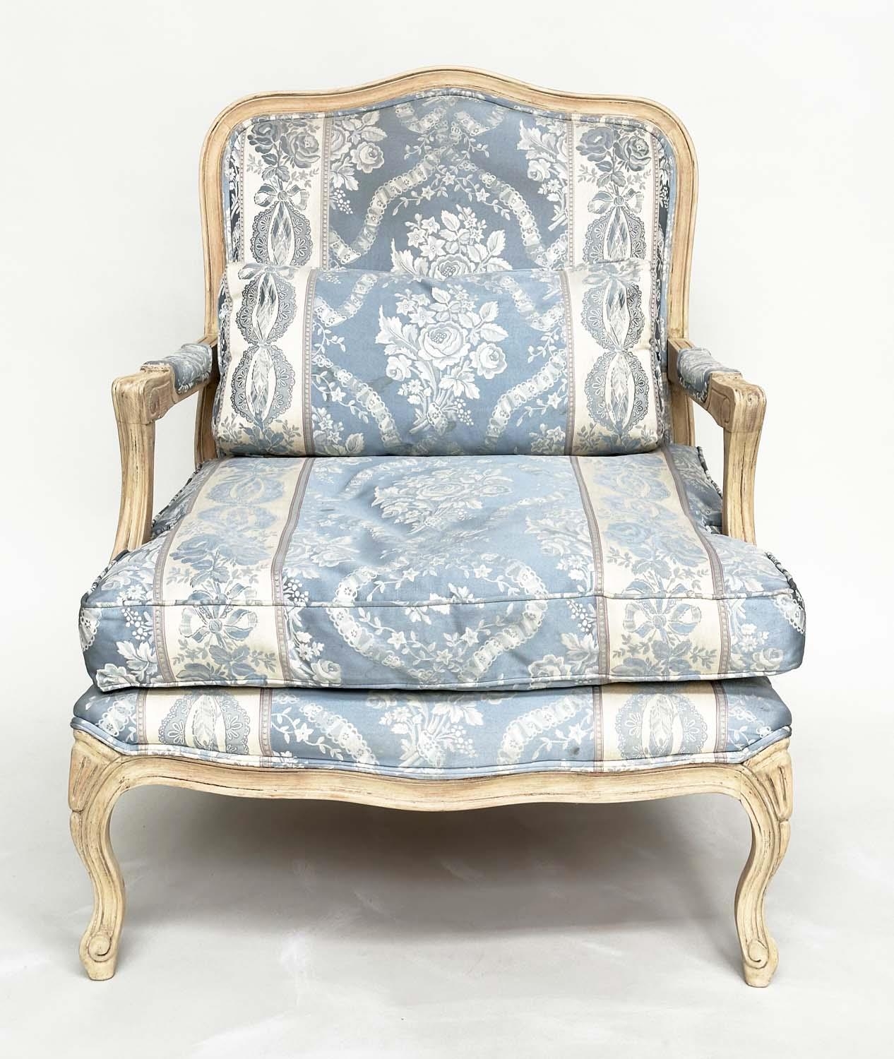 FAUTEUIL, French Louis XV style fruitwood with woven smoke blue and cream upholstery, 96cm H x