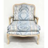 FAUTEUIL, French Louis XV style fruitwood with woven smoke blue and cream upholstery, 96cm H x