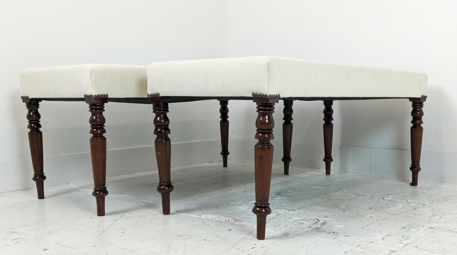 STOOLS, a pair, part Victorian mahogany with rectangular white upholstery, 46cm H x 101cm W x 45cm - Image 3 of 6