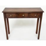 HALL TABLE, George III design burr walnut and crossbanded with three frieze drawers and tapering