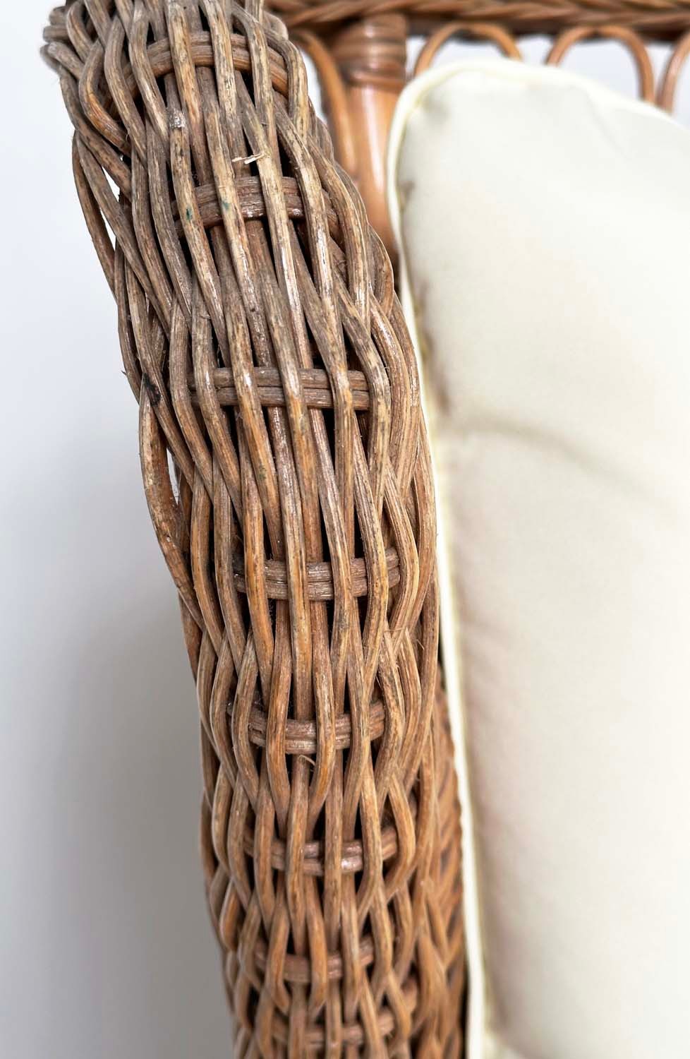 CONSERVATORY ARMCHAIR, mid 20th century rattan framed and cane woven with shaped back and - Image 3 of 13