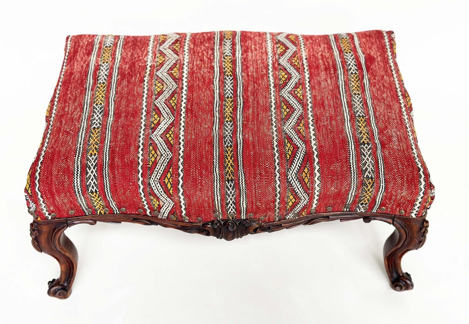 KELIM HEARTH STOOL, Victorian rosewood with Turkoman kelim brass studded upholstery, 77cm W x 50cm D - Image 2 of 7