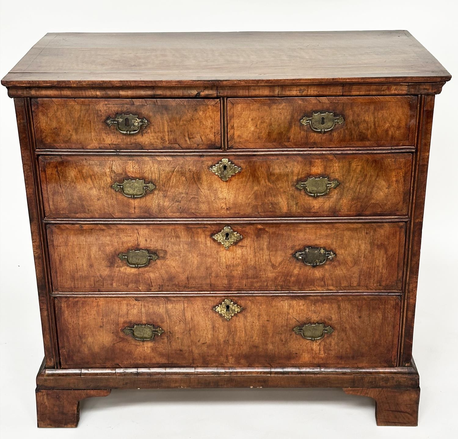 CHEST, early 18th century English Queen Anne figured walnut and crossbanded with two short and three - Image 2 of 15