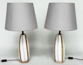 TABLE LAMPS, a pair, 'Coffee' striped opaline glass each with base and shade, 78cm H. (2)