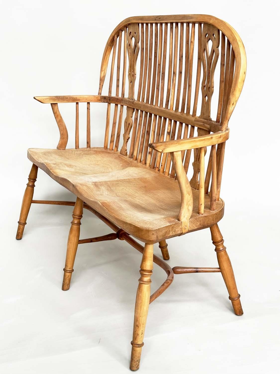 HALL SEAT, antique style English yewwood and elm, with twin pierced splat hoop back and carved - Image 5 of 6