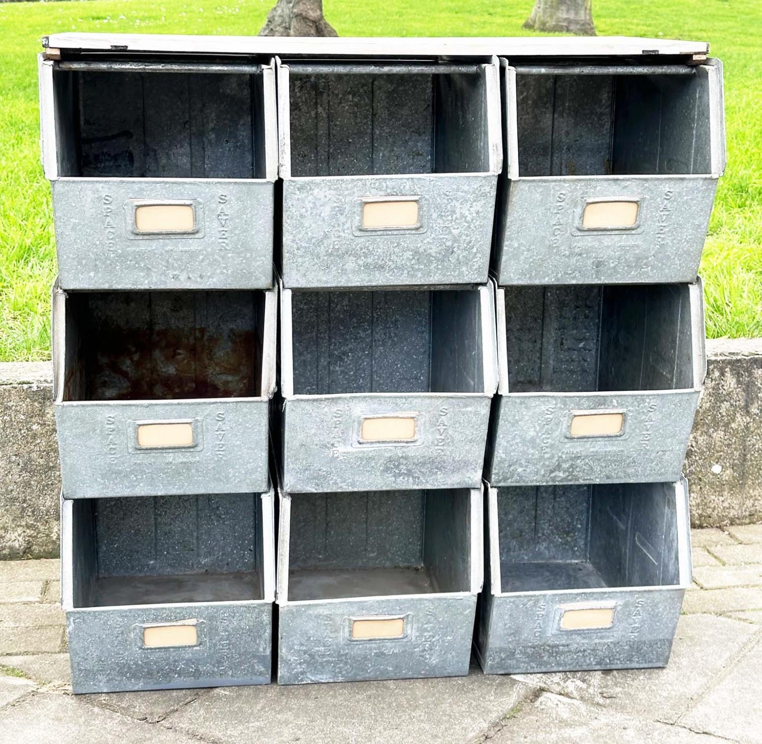 STACKING TRAYS, a set of nine, galvanised with softwood work top, 90cm x 50cm x 91cm H. - Image 4 of 7