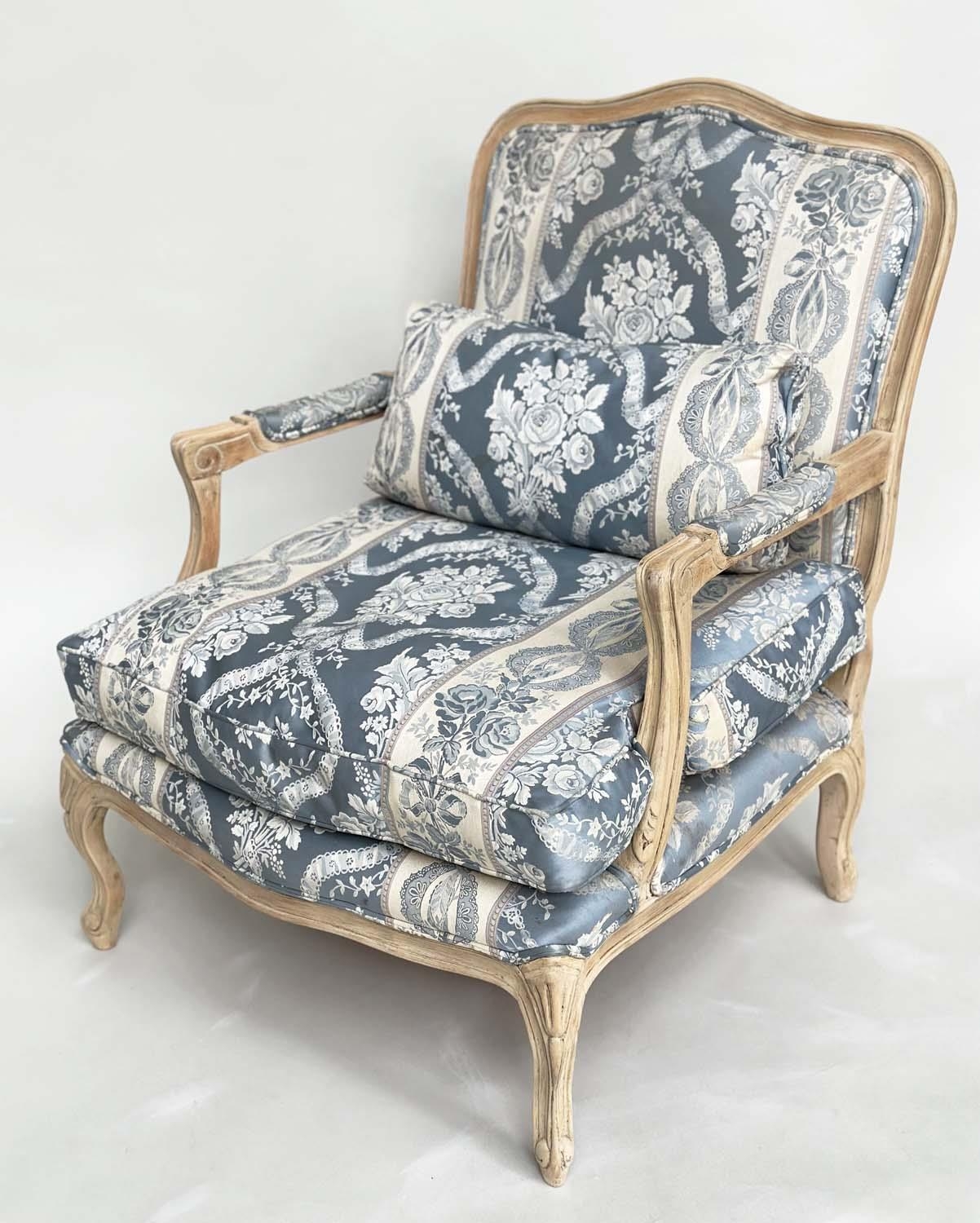 FAUTEUIL, French Louis XV style fruitwood with woven smoke blue and cream upholstery, 96cm H x - Image 5 of 6