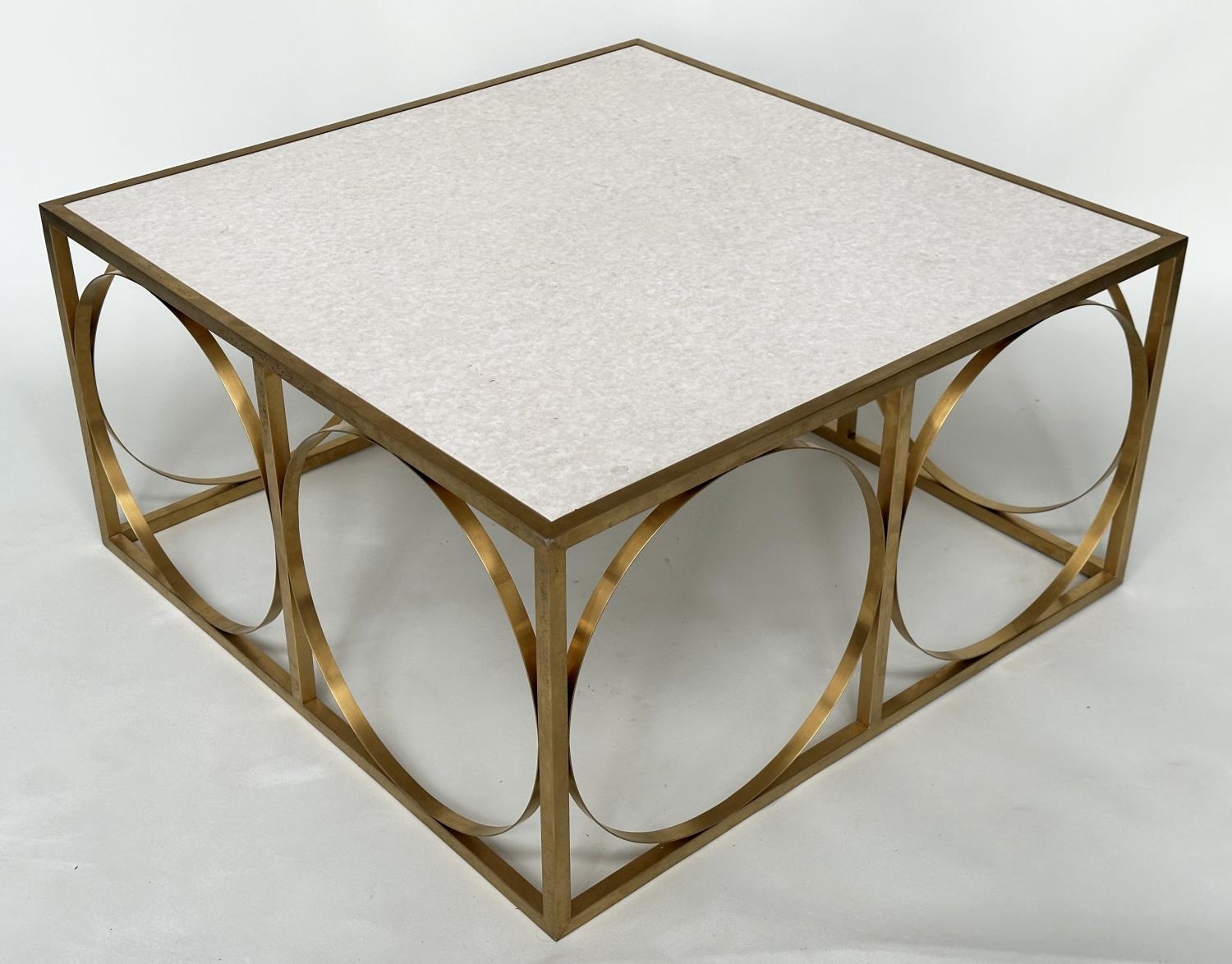 LOW TABLE, square gilded metal framed with reconstituted travertine marble, 88cm x 88cm x 45cm H.