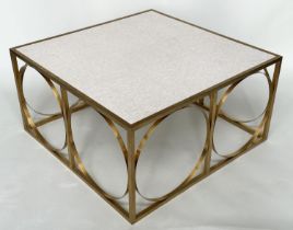 LOW TABLE, square gilded metal framed with reconstituted travertine marble, 88cm x 88cm x 45cm H.