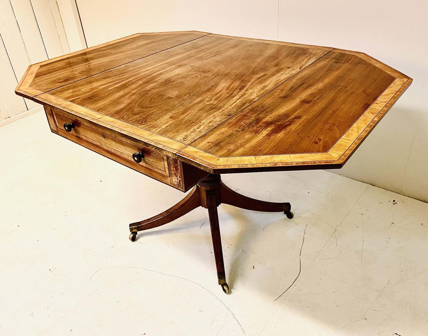 PEMBROKE TABLE, George III mahogany and satinwood with crossbanded top and a drawer to each end on - Image 6 of 6