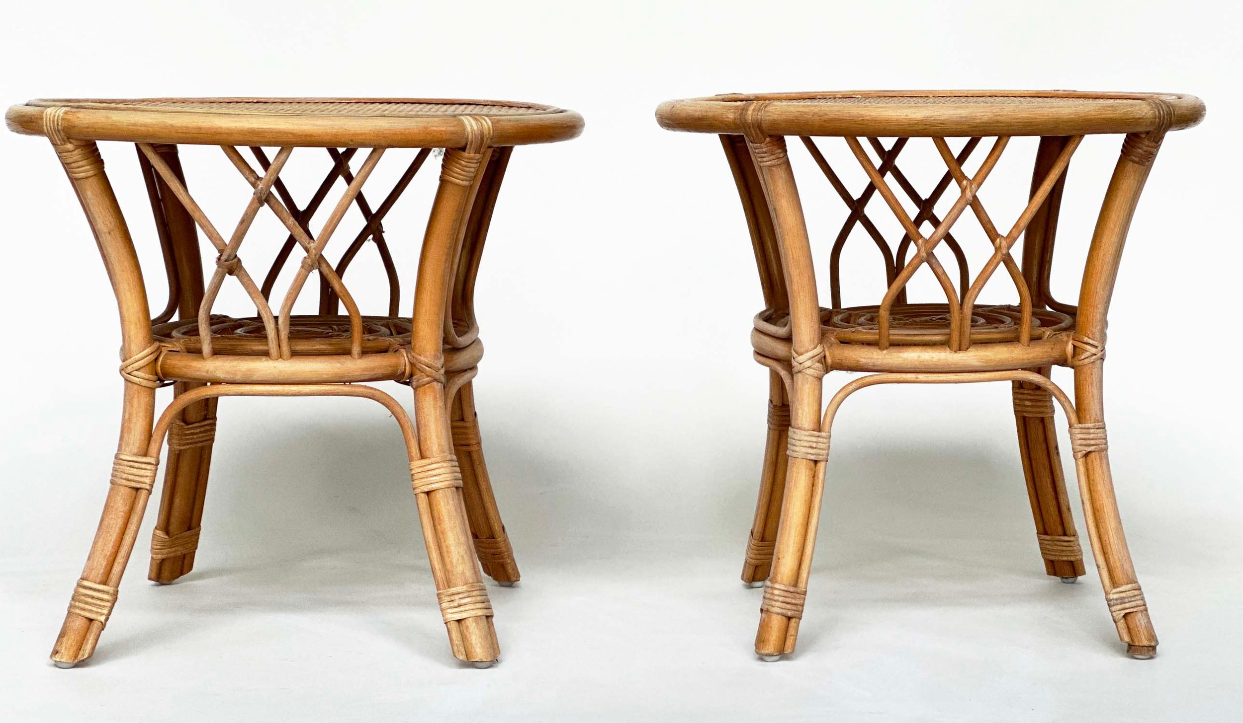 LAMP TABLES, a pair, circular rattan, wicker panelled and cane bound, 55cm x 53cm H. (2) - Image 2 of 8