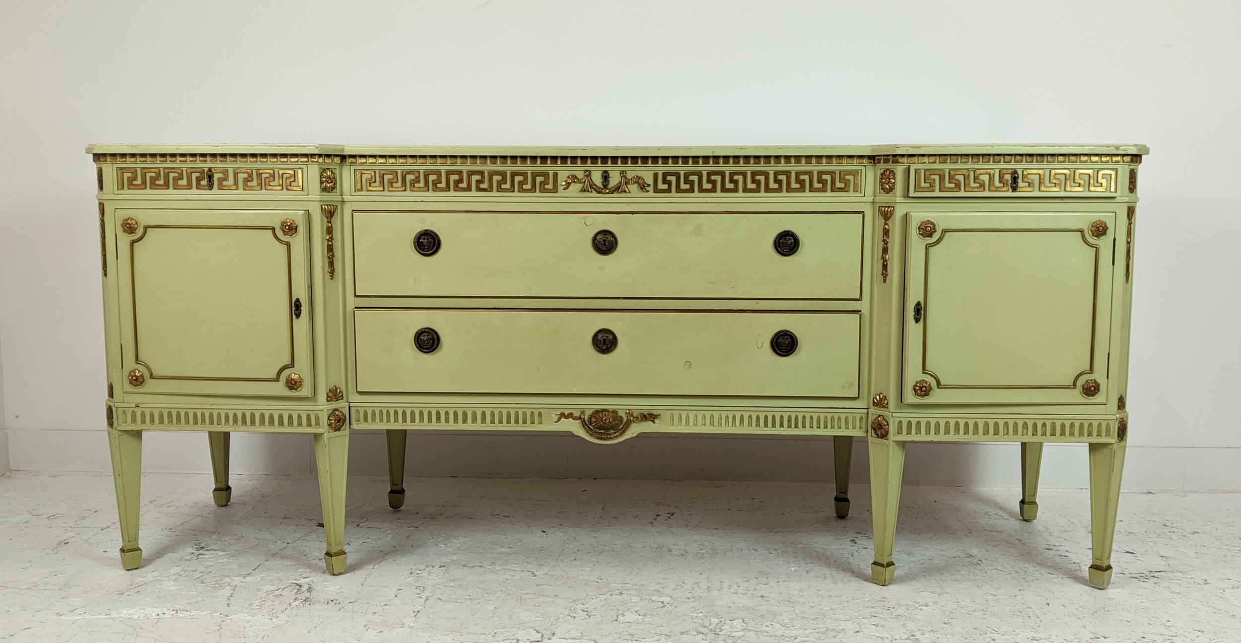SIDEBOARD, neo classical style green painted and gilt, heightened with five drawers and two doors, - Image 3 of 14