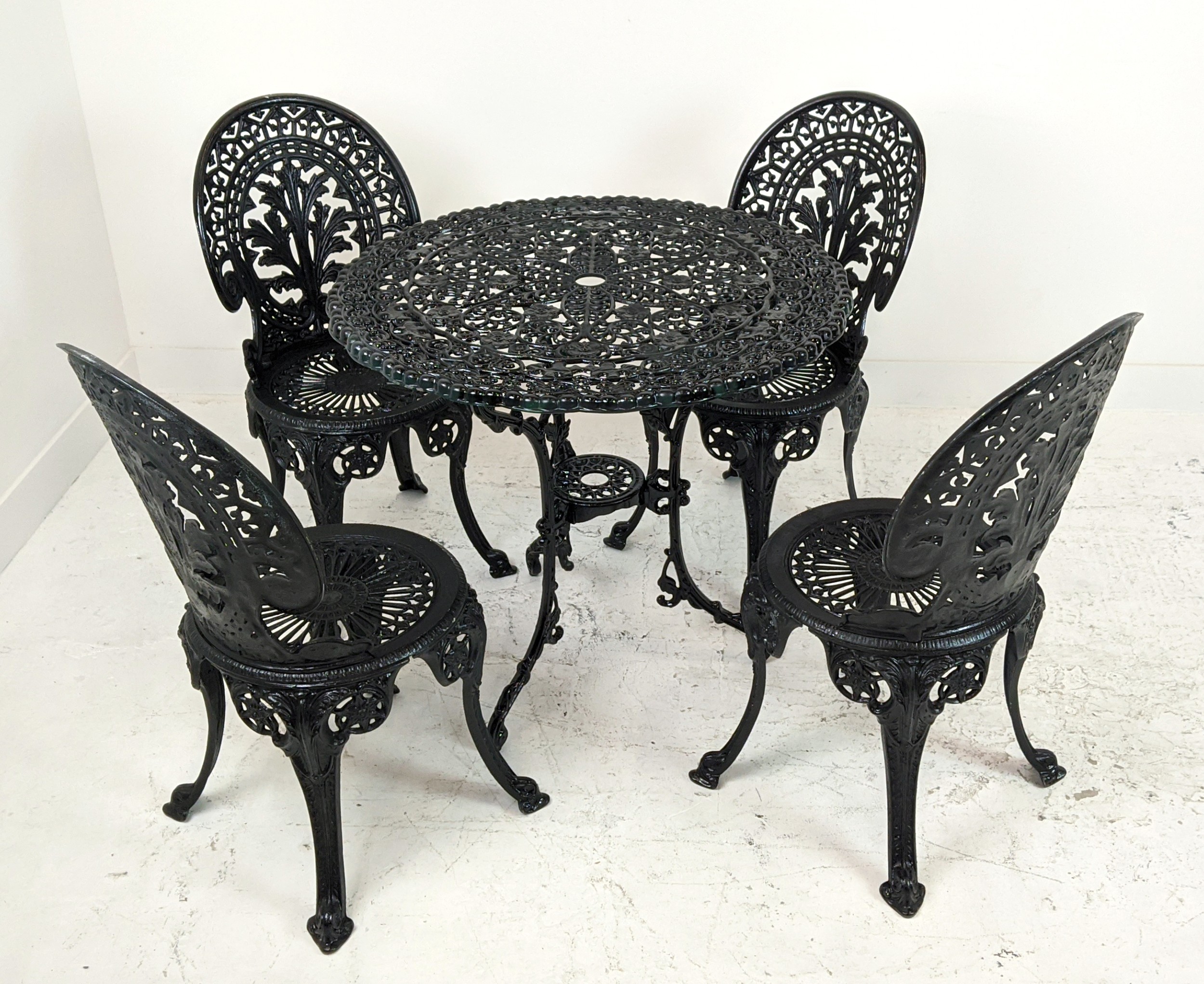 CIRCULAR GARDEN TABLE, black metal, 72cm H x 80cm and a set of four chairs, 85cm H x 42cm. (5) - Image 2 of 8