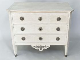 GUSTAVIAN COMMODE, 19th century grey painted and silvered metal mounted with three long drawers,