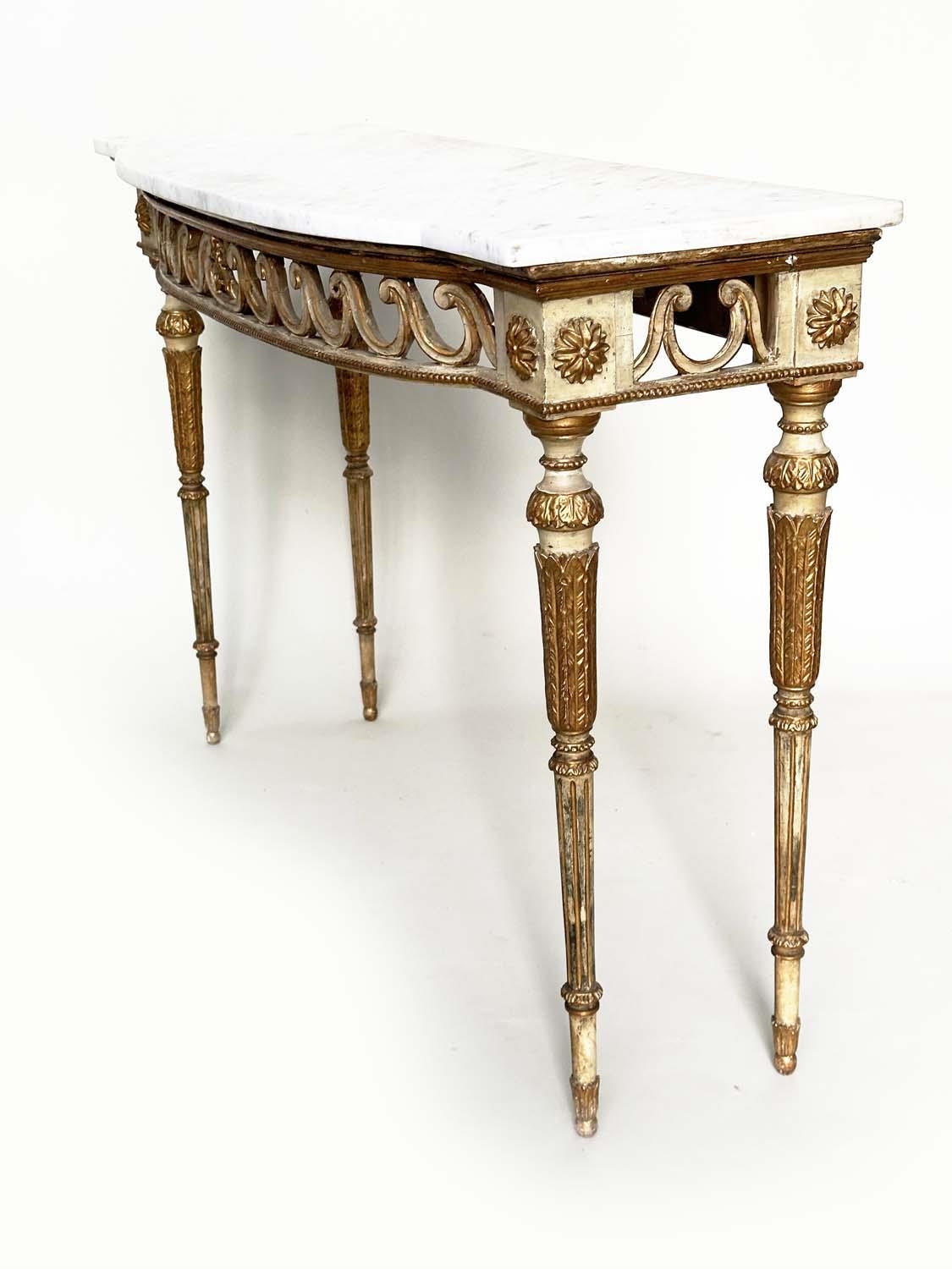 CONSOLE TABLE, late 19th century Italian grey painted and parcel gilt, bow fronted with Vitruvian - Bild 7 aus 8
