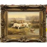 EUGENE PETIT (French 1839-1886), 'Hounds in a landscape', oil on canvas, 47cm x 63cm, framed.