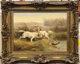EUGENE PETIT (French 1839-1886), 'Hounds in a landscape', oil on canvas, 47cm x 63cm, framed.