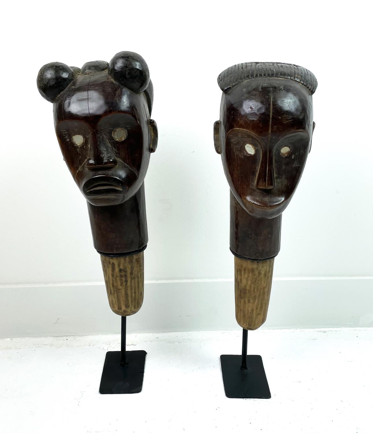 FANG POLE HEAD'S, a pair, Gabon , 57cm H. (2) - Image 2 of 7