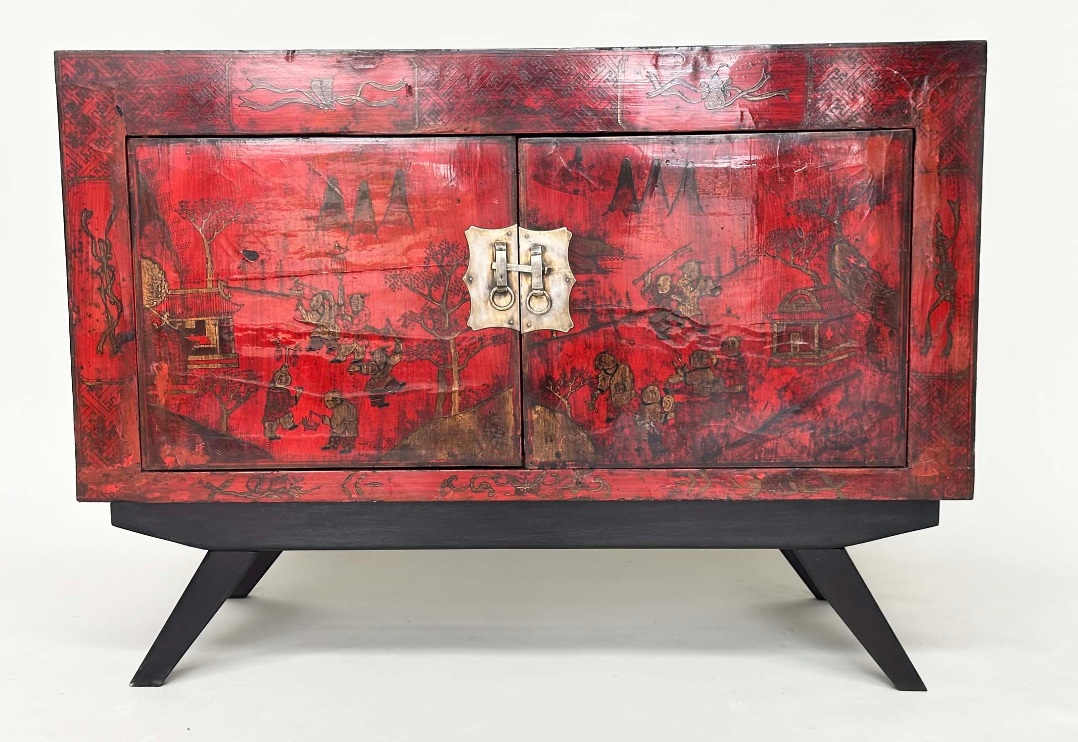 CHINESE CABINET ON STAND, 19th century scarlet lacquered and gilt polychrome decorated with two - Image 12 of 12