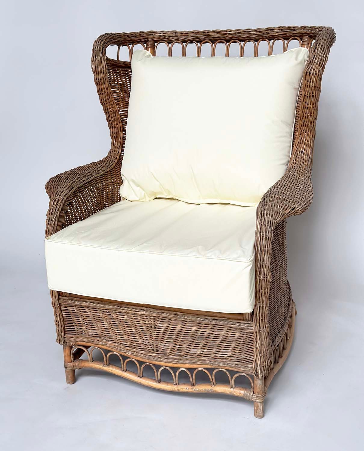 CONSERVATORY ARMCHAIR, mid 20th century rattan framed and cane woven with shaped back and - Image 12 of 13