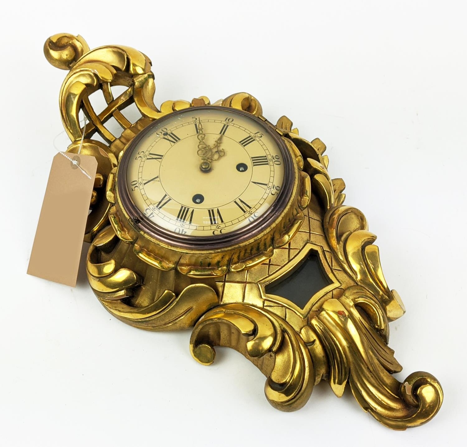 SWEDISH CARTEL CLOCK, Rococo style giltwood, 58cm H x 35cm W.