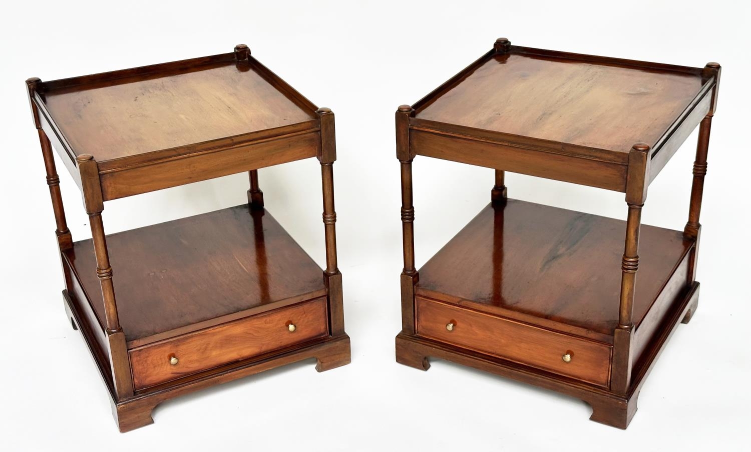 LAMP TABLES, a pair, George III design yewwood, each with brushing slide, two tiers and drawer, 56cm