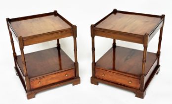 LAMP TABLES, a pair, George III design yewwood, each with brushing slide, two tiers and drawer, 56cm