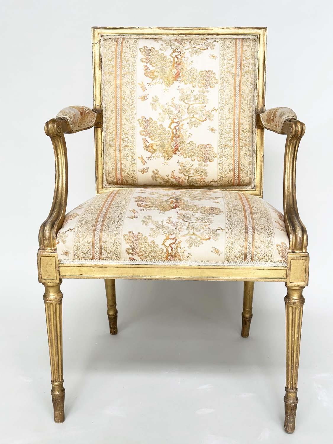 FAUTEUILS, a pair, 19th century giltwood each with down swept arms and carved fluted supports, - Image 3 of 11