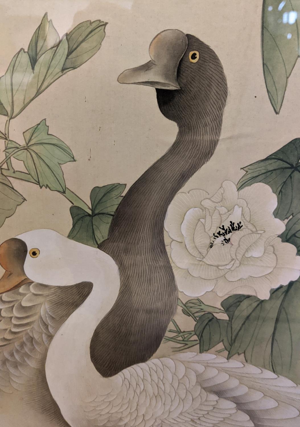 CHINESE SCHOOL, watercolour and ink, depicting geese and flora, signed top left 106cm x 61cm. - Image 2 of 5