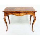 CENTRE TABLE, Victorian burr walnut with satinwood crossbanding and foliate marquetry on cabriole