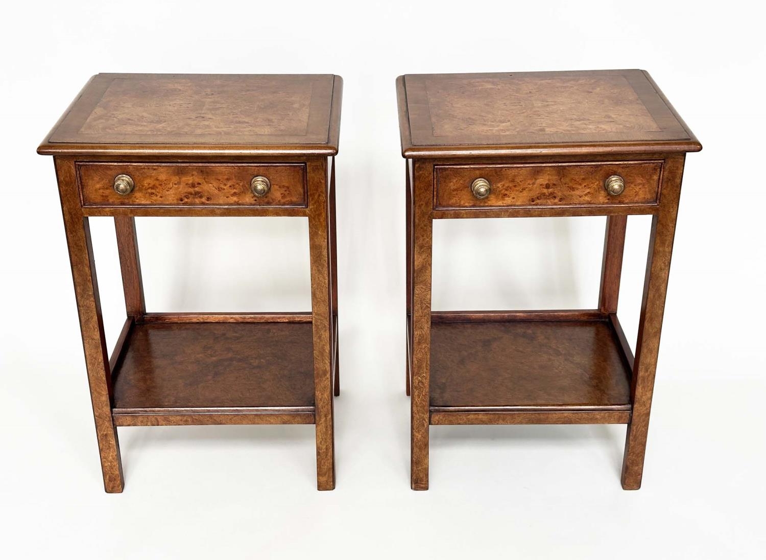 LAMP TABLES, a pair, George III design burr walnut and crossbanded each with drawer and undertier, - Image 3 of 9