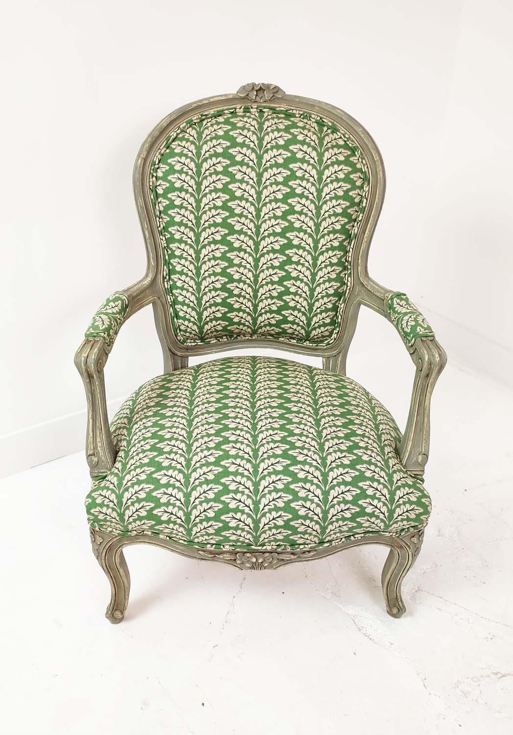 FAUTEUILS, a pair, Louis XV style, grey painted with green leaf patterned upholstery, 92cm H x - Image 3 of 8