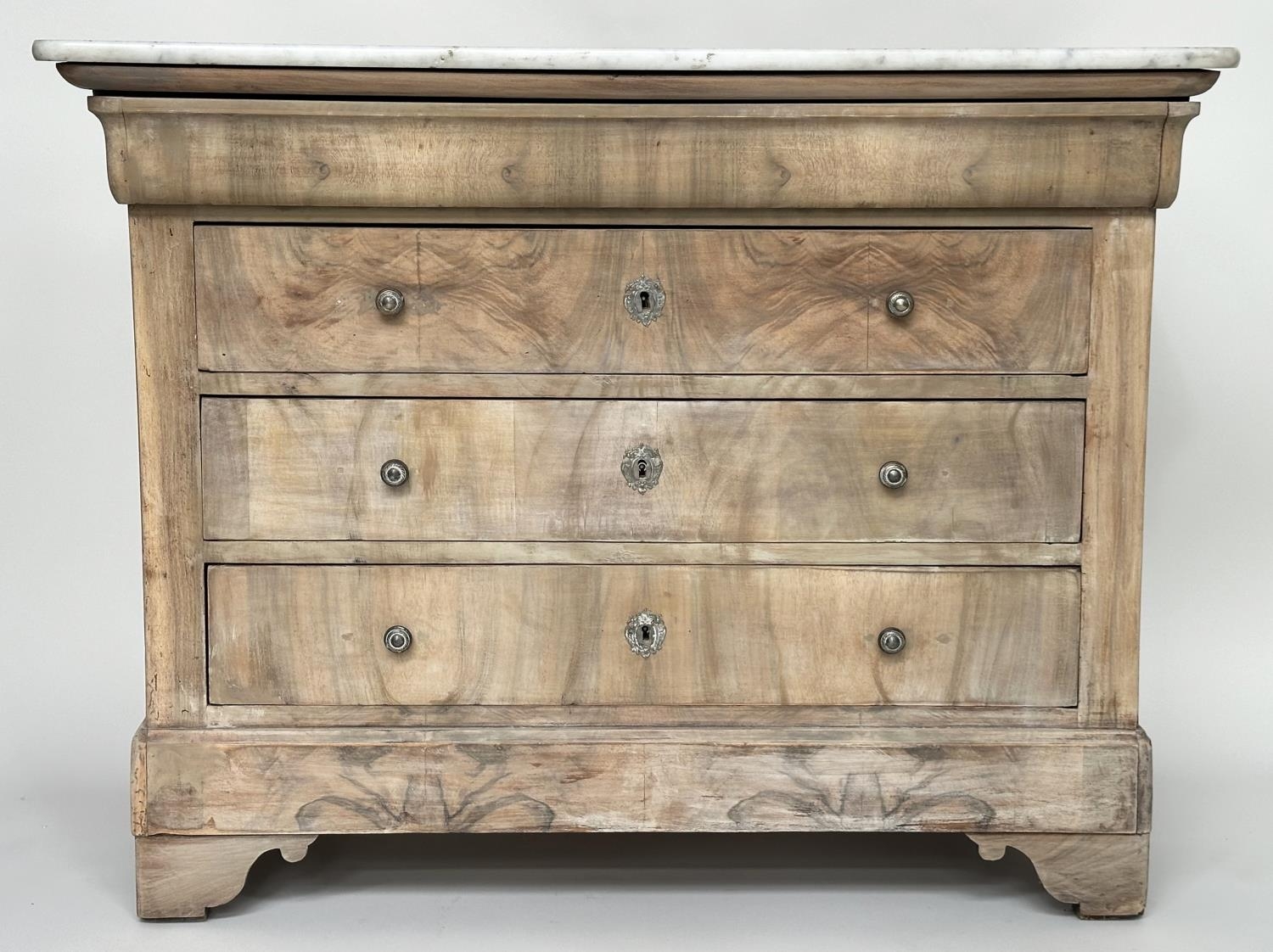 COMMODE, 19th century French Louis Philippe figured walnut with four long drawers silvered metal - Image 2 of 12