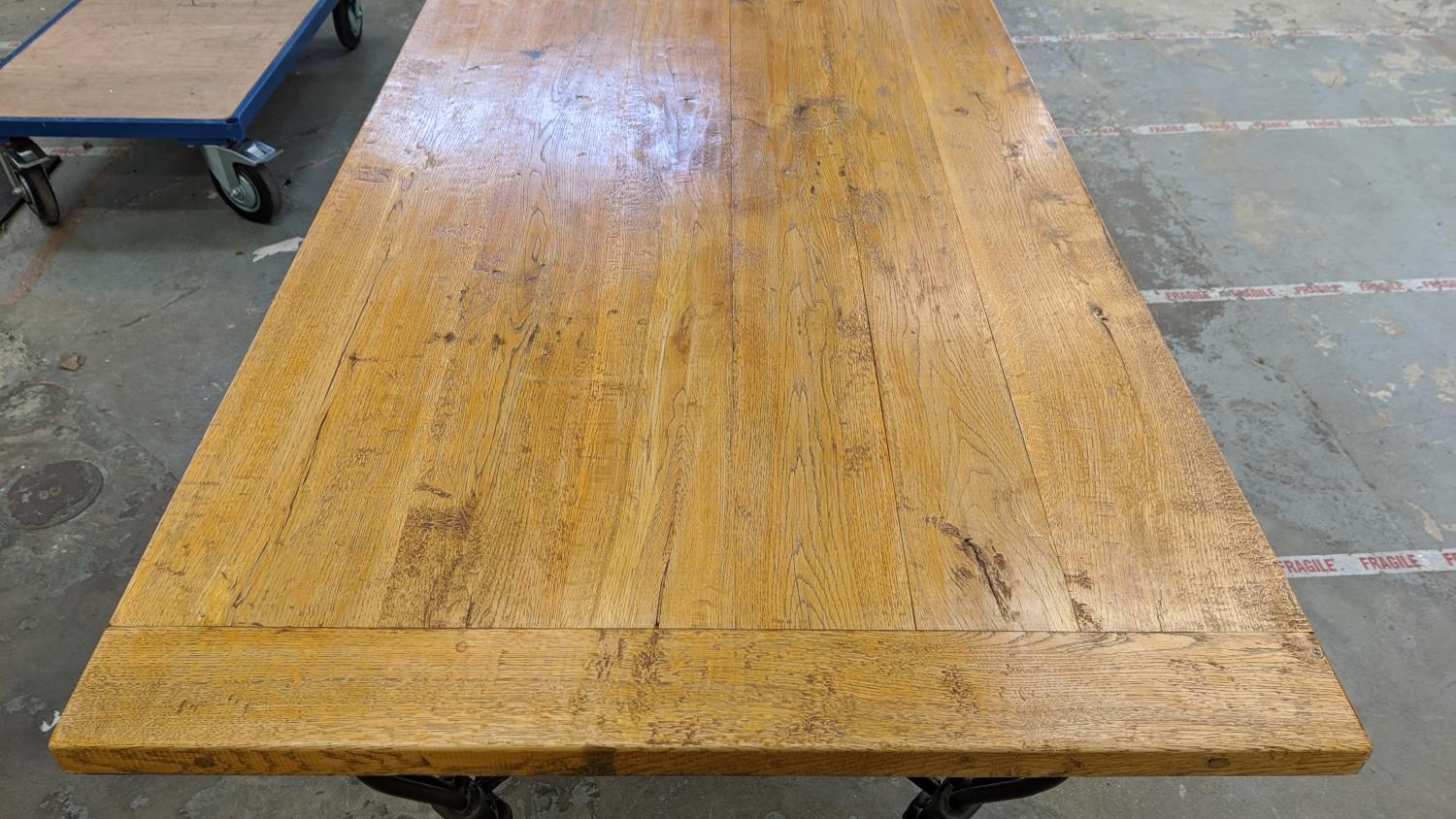 REFECTORY TABLE, light oak on wrought metal supports, 79cm H x 185cm x 90cm. - Image 6 of 8