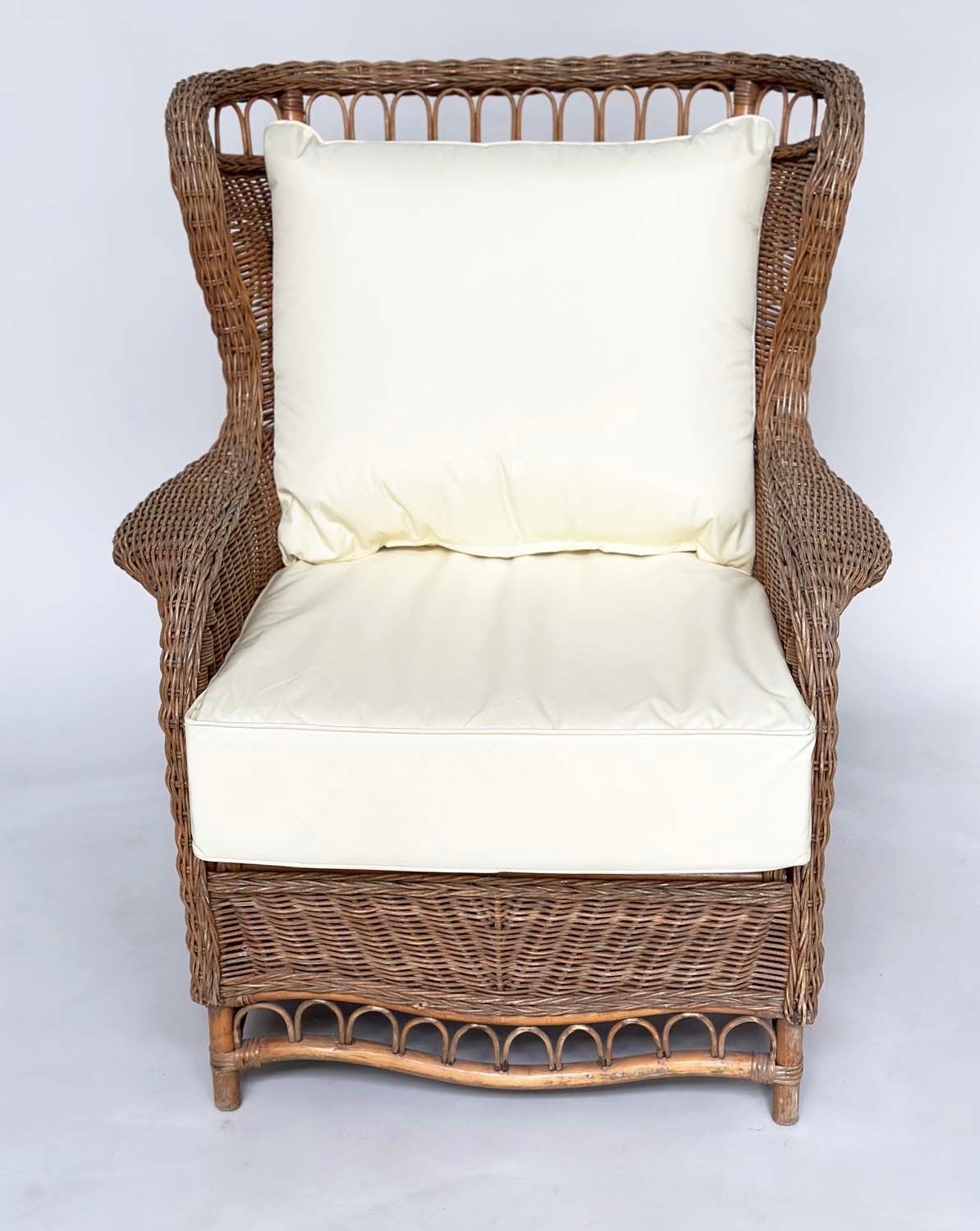 CONSERVATORY ARMCHAIR, mid 20th century rattan framed and cane woven with shaped back and - Image 11 of 13