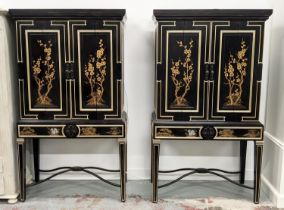 COCKTAIL CABINETS, a pair, ex Dorchester Hotel, Georgian style, black lacquer chinoiserie, each with