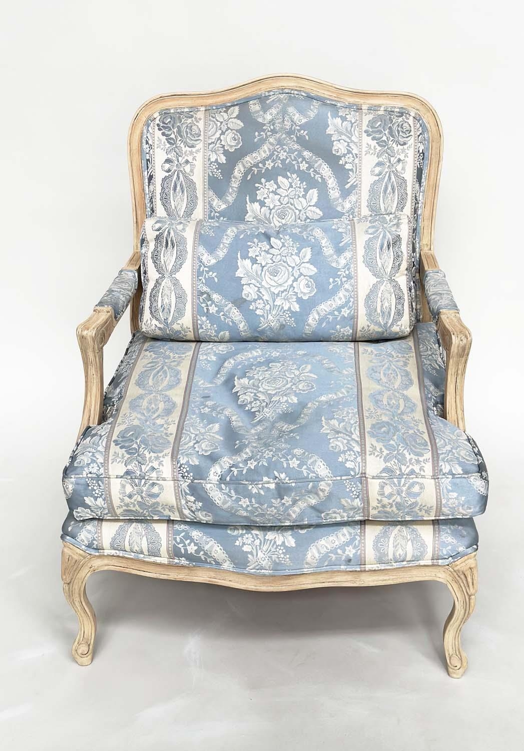 FAUTEUIL, French Louis XV style fruitwood with woven smoke blue and cream upholstery, 96cm H x - Image 3 of 6