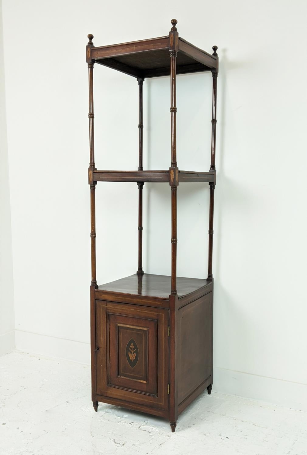 WHATNOT, Late Victorian mahogany with inlaid detail and single door, 156cm H x 40cm D x 40cm W.